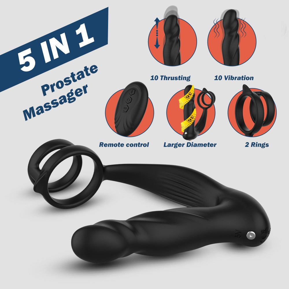 Thrusting Prostate Massager Remote Control Anal Vibrator Butt Plug with Dual Cock Ring