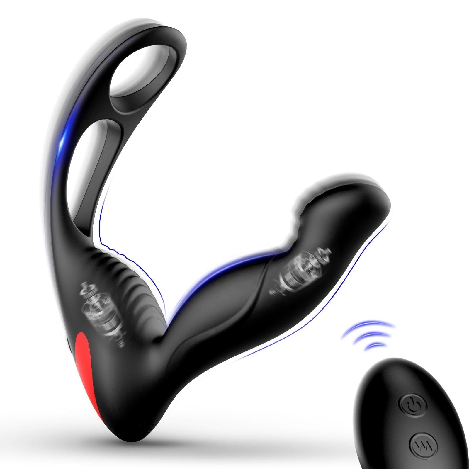 Remote Control Male Prostate Vibe Anal Plug with Dual Penis Rings Sex Toys for Man